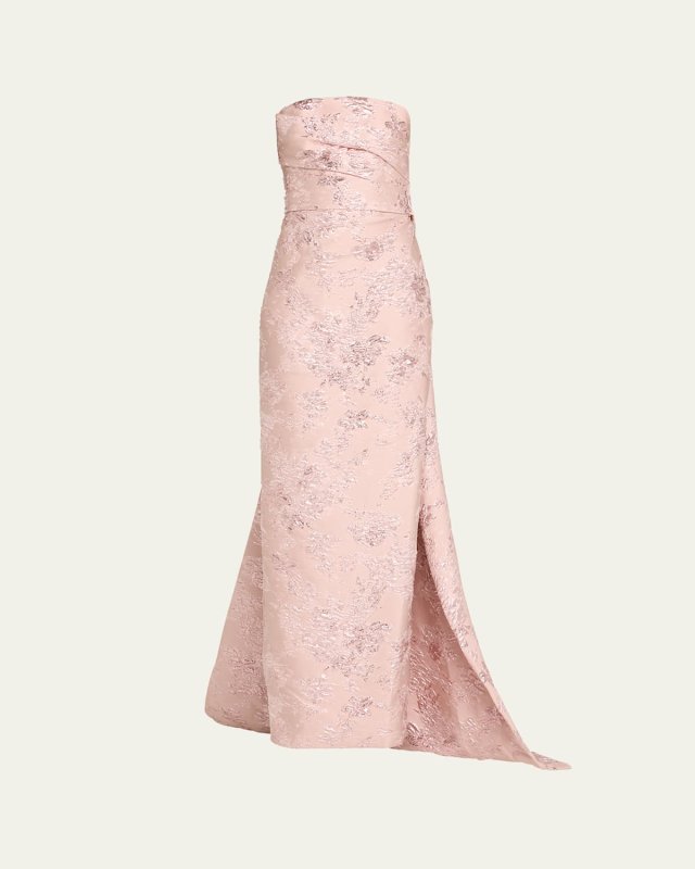 Jacquard Draped Front Column Gown with Train
